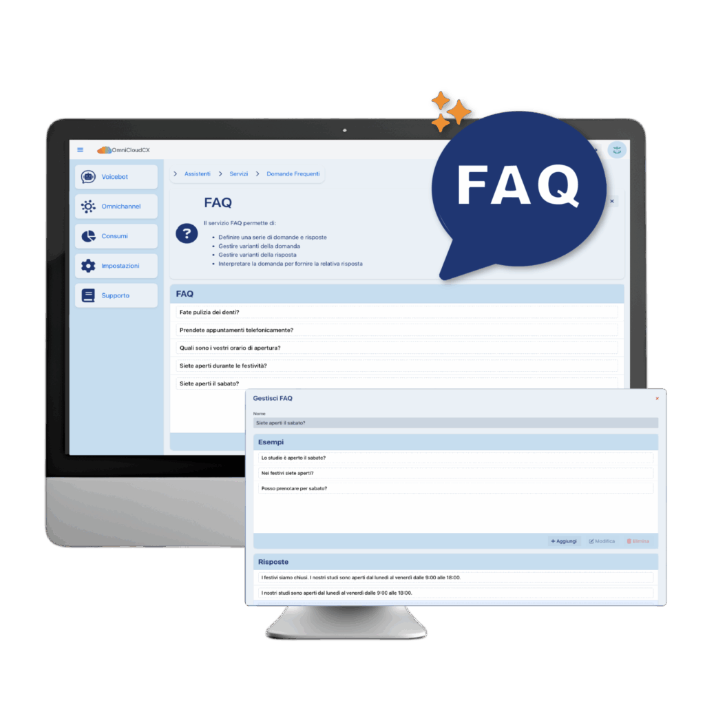Computer with FAQ setup screen with voicebot.