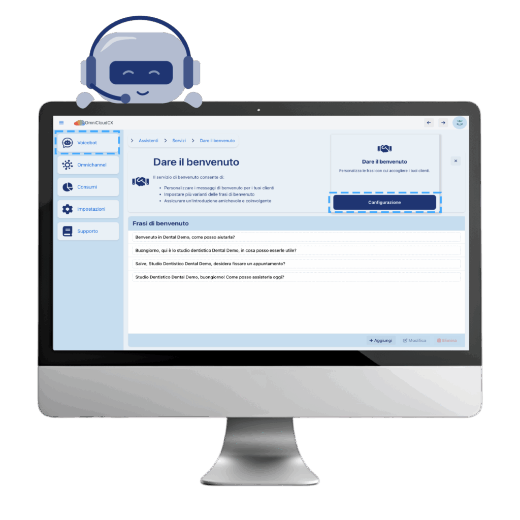 Computer with welcome setup screen with voicebot