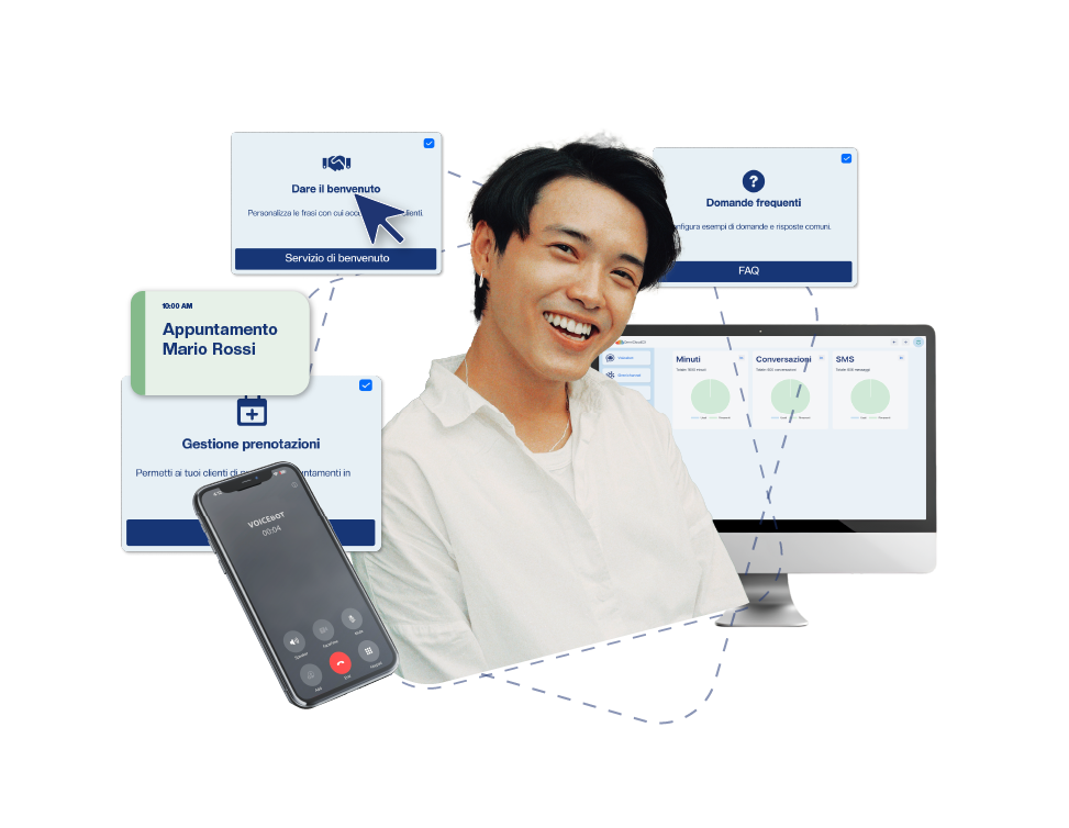 Smiling boy with computer and phone interacting with voicebot.