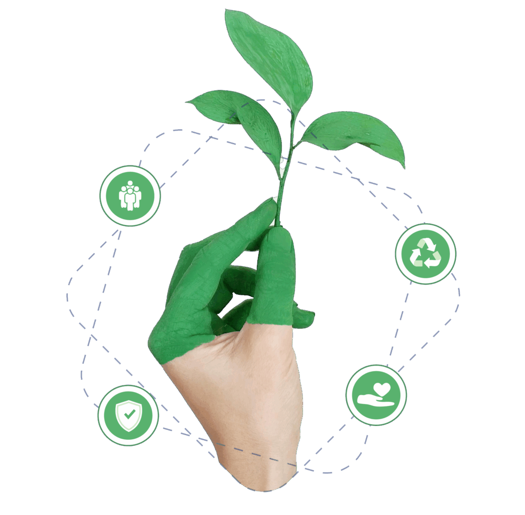 Mano con elementi relativi alla sostenibilità.