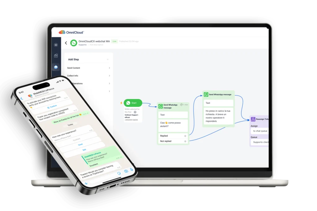 Schermate flussi e chat con Whatsapp