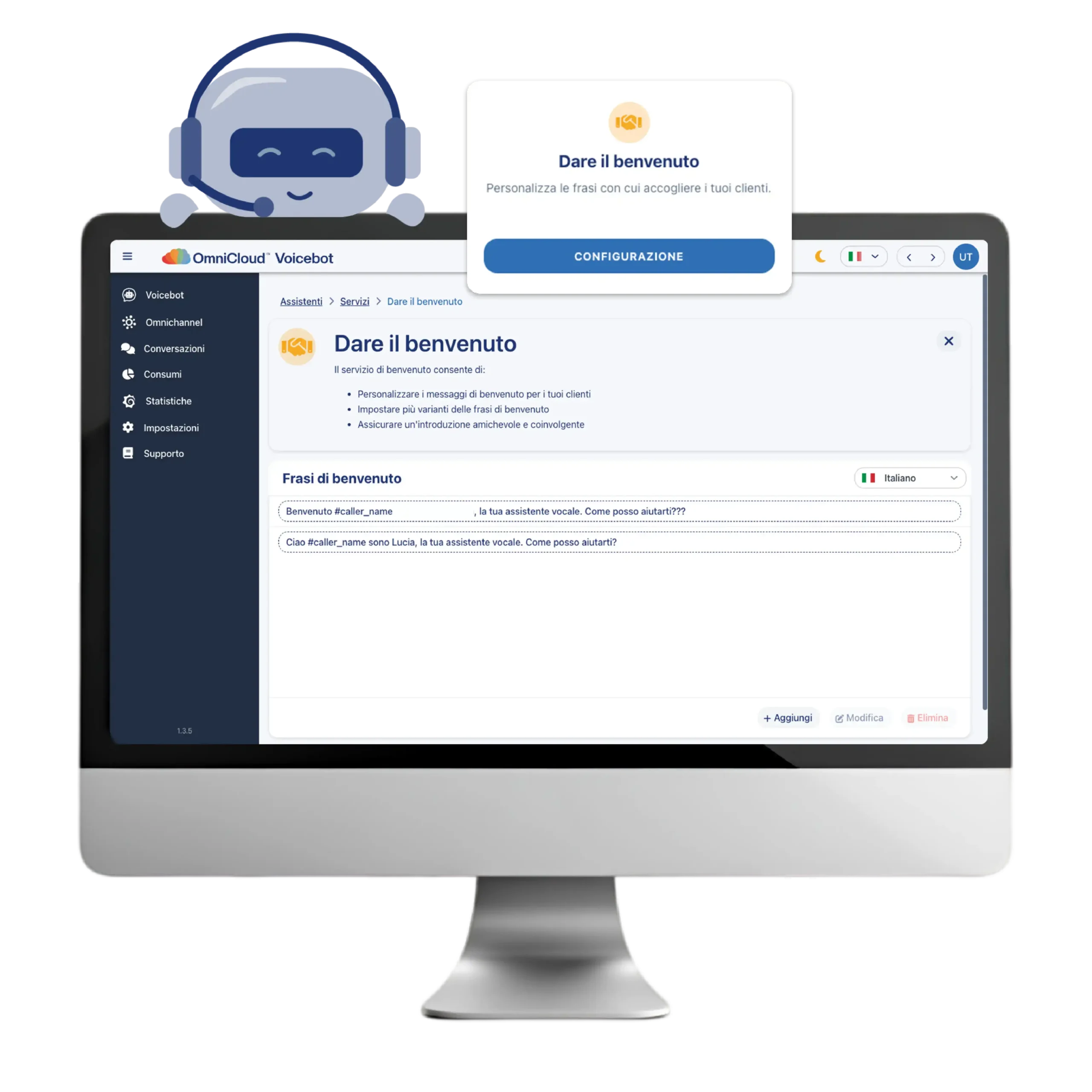 Schermata settings benvenuto Voicebot