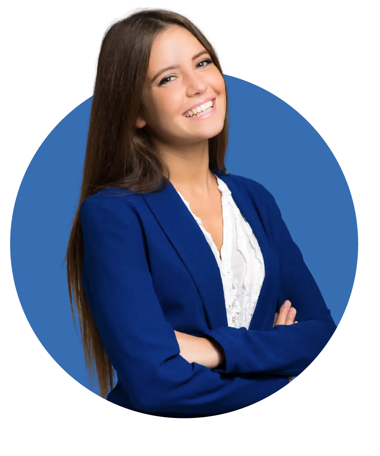 Consulente bancaria sorridente in giacca blu, soluzioni bancarie vicine ai clienti