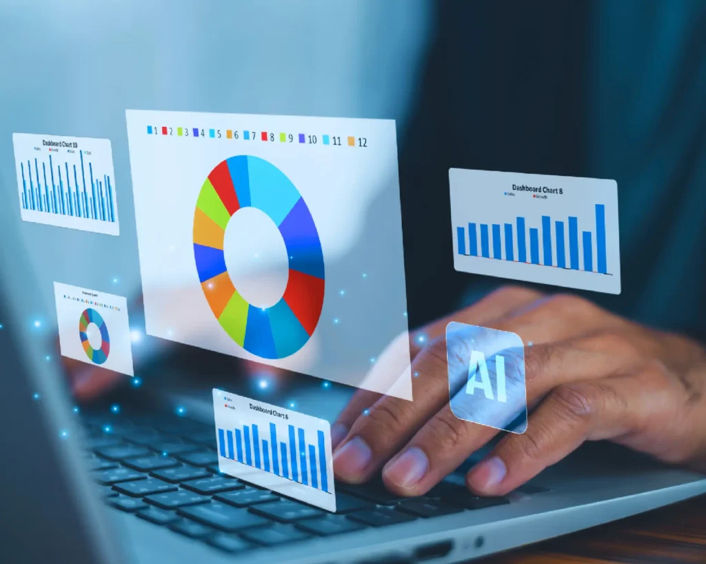 Mani su un portatile con grafici e dashboard digitali e icona AI: la filiale digitale della banca